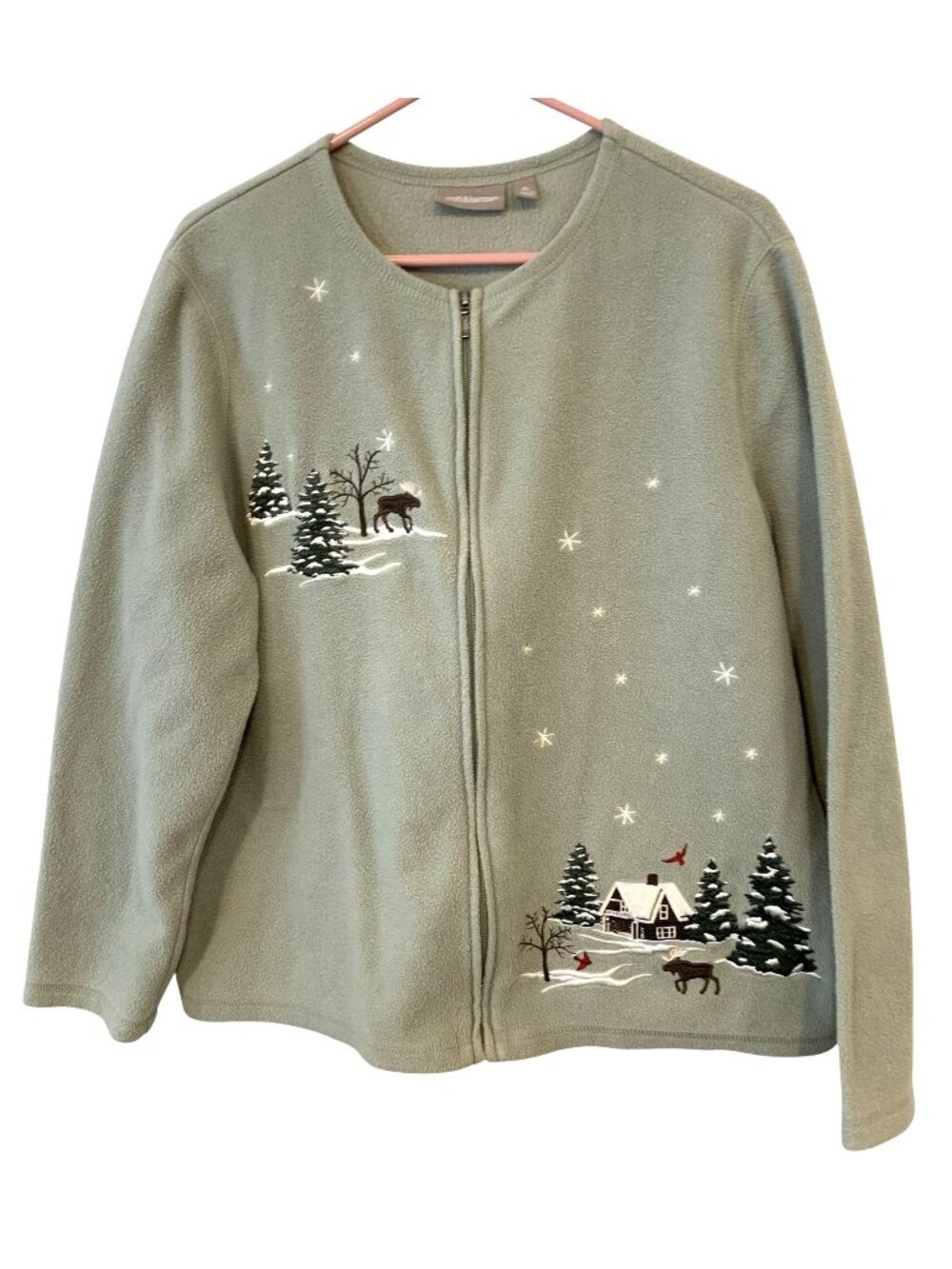 Croft & Barrow XL Holiday Fleece Zip Jacket Winter Scene Cabin Deer Cardinal